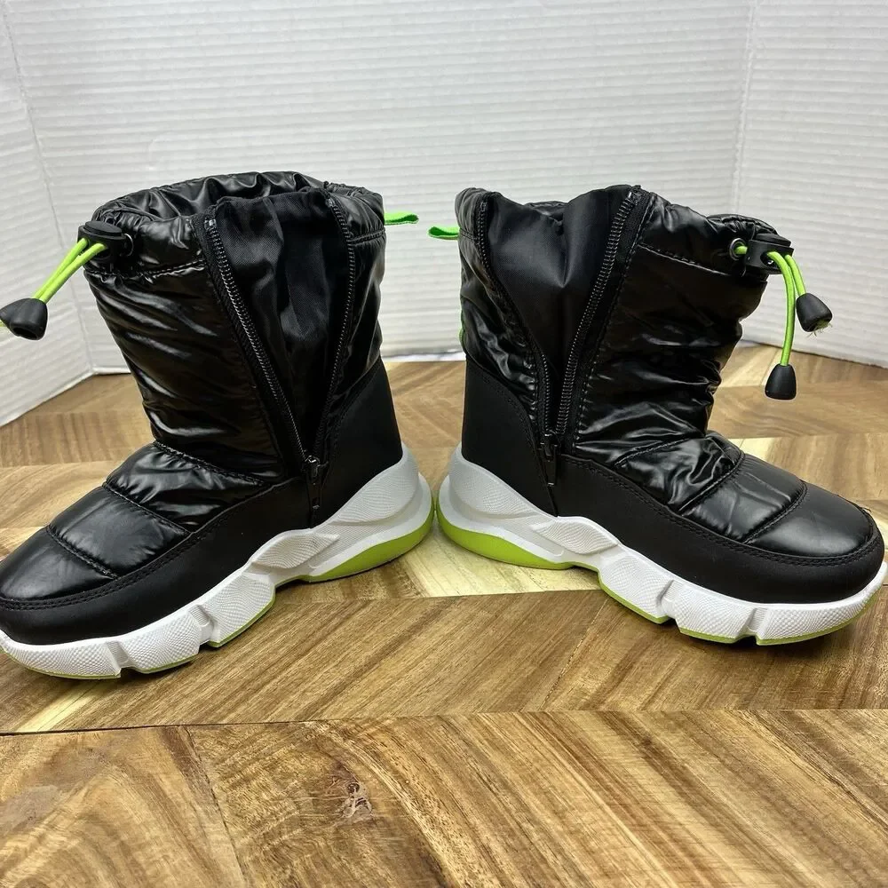 Kids Snow Boots Black Neon Green Insulated Waterproof Zip US 12 Toddler